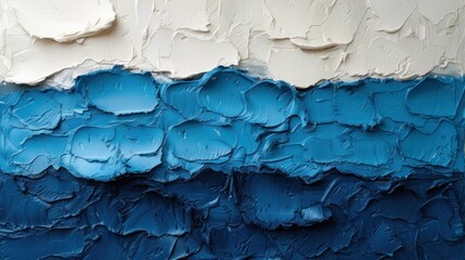  a close up of a blue and white painting with white and blue paint streaks on it's sides and a white and blue stripe on the other side of the wall.