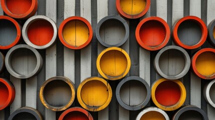  a bunch of orange and gray pipes stacked on top of each other on the side of a metal wall with red and yellow circles on each side of the pipes.