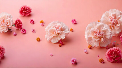 A composition of pink carnation buds on a pink background