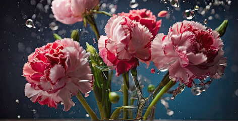 A bouquet of white and pink carnations in a glass vase with splashes of water on a studio textured background