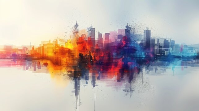  a painting of a cityscape with a lot of colorful paint splatters on the side of the picture and the city in the back ground with buildings in the background.