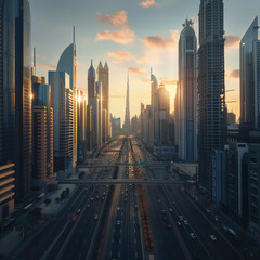 Futuristic Cityscape at Sunset with Skyscrapers and Busy Streets - obrazy, fototapety, plakaty