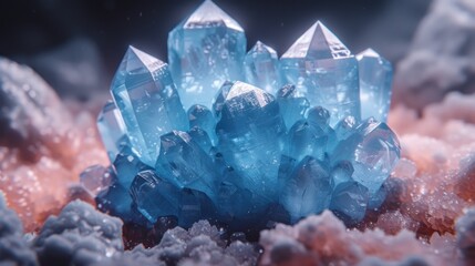  a cluster of blue crystals sitting on top of a pile of snow covered rocks on top of a field of orange and white snow covered ground next to each other crystals.