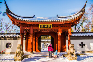 Montreal, Canada - January 5 2021: Chinese style pavillon in the Botanical Garden of Montreal