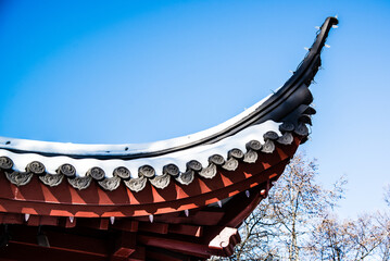 Fototapeta na wymiar Montreal, Canada - January 5 2021: Chinese style pavillon in the Botanical Garden of Montreal