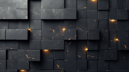  a wall made up of black tiles with gold lights in the center of the tiles is a pattern of squares and rectangles that appear to be interlocked together.