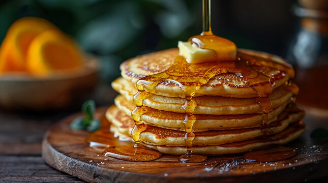 AnAn  image of homemade pancakes with honey. Ideal for cookbook covers, breakfast menu visuals,recipe websites, and promoting heartwarming comfort food.  