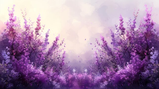  a painting of purple flowers in front of a pink and white background with a sky in the back ground and a pink and purple sky in the middle of the background.