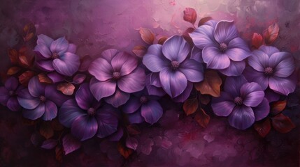  a painting of a bunch of purple flowers on a purple and pink background with red leaves on the bottom half of the painting and the flowers on the bottom half of the frame.