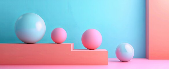 Minimalist abstract composition with pastel colors, showcasing geometric shapes and spheres in a clean, modern display