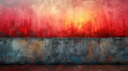  a painting of a red, orange, and grey wall with a concrete bench in the foreground and a red and yellow painting on the wall in the background.