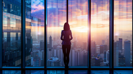Fototapeta na wymiar Business person CEO standing on top floor looking at the sunset