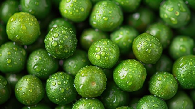  a close up of a bunch of green balls with drops of water on the top and bottom of the balls and the bottom of the balls are covered with water droplets.