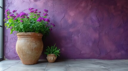  a large vase with purple flowers next to a smaller vase with purple flowers on a tile floor in front of a purple wall, with a window in the foreground.