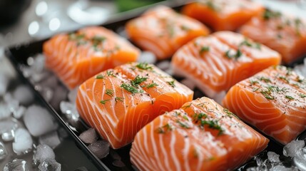  a close up of a tray of food with fish on top of ice cubes and garnishes on the side of the tray and on the other side of the tray.