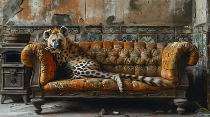 hyena lies on sofa - obrazy, fototapety, plakaty