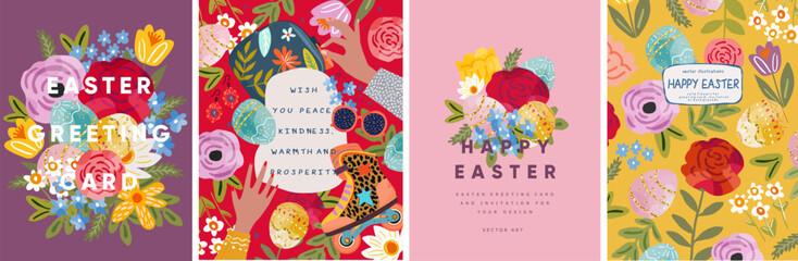 Happy easter. Vector cute illustration of Easter eggs, flowers, plants, woman's hands, floral pattern for greeting card, invitation, greeting, postcard or flyer