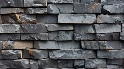  a close up of a wall made out of slate blocks of varying sizes and colors of gray and brown, with rusted spots on the edges of the edges.