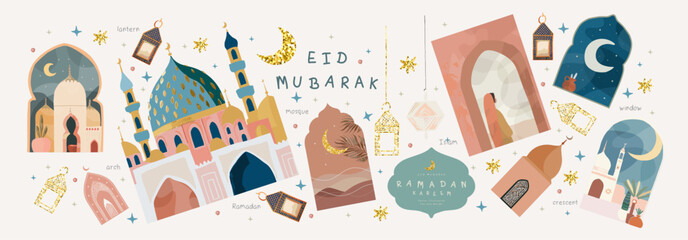 Ramadan Kareem. Eid Mubarak. Vector aesthetic illustrations of crescent moon, mosque, lantern, window, frame, arch, logo, ornament , icon, sign for greeting card, invitation or banner