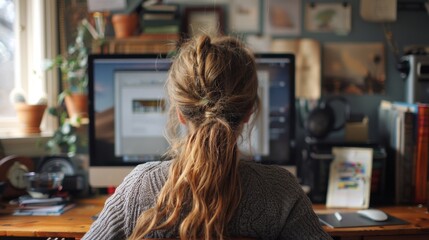 Woman with ponytail working on computer in a cozy home office setup. Freelance or remote work...