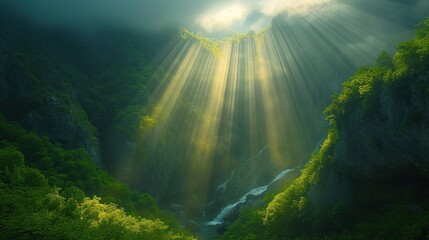  a painting of a waterfall in the middle of a forest with sunlight streaming through the trees and the water running down the side of the cliff to the bottom of the waterfall. - obrazy, fototapety, plakaty