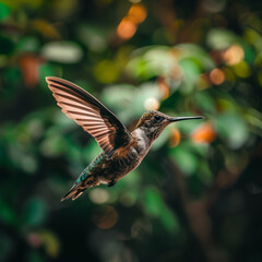 Fototapeta premium Hummingbird in Flight Against a Verdant Background