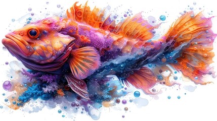  a painting of a colorful fish with bubbles of water on it's sides and a splash of paint on the bottom of the fish's back part of its body.