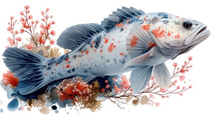  a painting of a fish with corals and seaweed on the bottom and bottom of the image on the top of the bottom of the image is a white background.