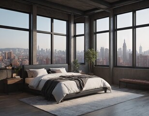 Bedroom interior in a loft apartment. minimalist decor in an industrial and Scandinavian design. Grey pillows on a double bed. 