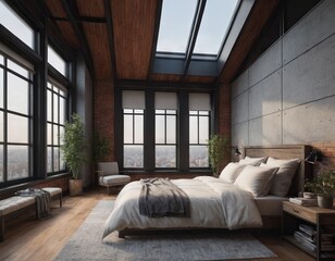 Obraz premium Bedroom interior in a loft apartment. minimalist decor in an industrial and Scandinavian design. Grey pillows on a double bed. 