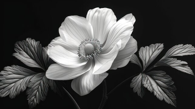  a black and white photo of a flower on a black background with a white center and two green leaves on the bottom of the flower, and a white center of the flower.
