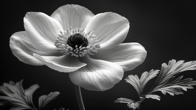  a black and white photo of a flower with a bee in the middle of the center of the flower, with a black background and white image of a black background.