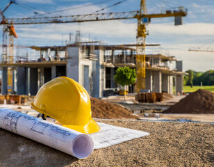 Construction worker helmet and construction plan with construction site with cranes and building in the background