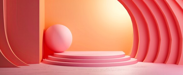 Abstract minimalist background with coral and peach tones, featuring geometric shapes and smooth spheres.