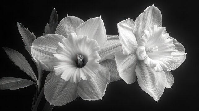  a black and white photo of two flowers with one flower in the middle of the picture and one flower in the middle of the picture in the middle of the picture.