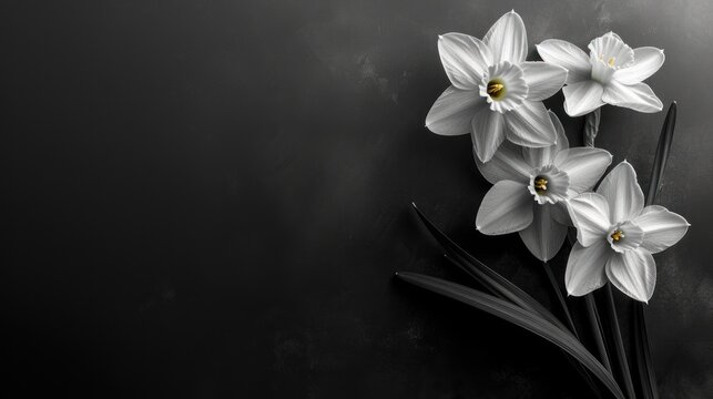 a group of white flowers sitting on top of a black table next to a black and white picture of the flowers on top of a black table and white background.
