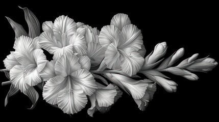  a black and white photo of a bunch of flowers on a black background with one flower in the middle of the picture and one flower in the middle of the picture.