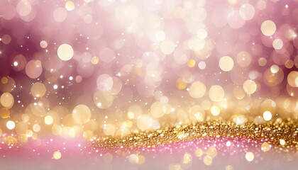 Christmas background, pink and gold glitter on shiny bokeh background
