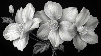  a black and white photo of three flowers on a black background, with one flower in the center and the other in the middle of the petals, in the center of the picture.