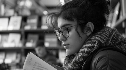 Young woman with glasses reading a book in a bookstore. Intellectual and educational concept. Design for literary and academic materials - obrazy, fototapety, plakaty