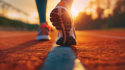 Fotobehang Runner athlete running on racetrack. Woman fitness jogging workout wellness concept. © Petrova-Apostolova