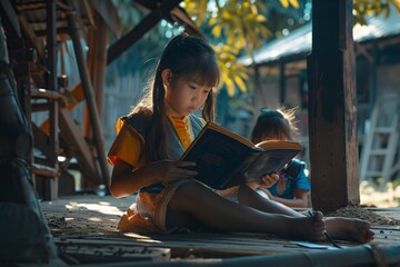 asian students reading book in a rural area - obrazy, fototapety, plakaty