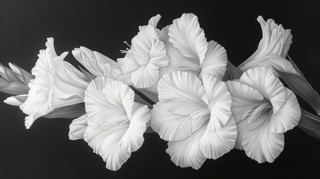  a group of white flowers sitting on top of a black table next to a black and white picture of the flowers in the center of the picture are white petals.