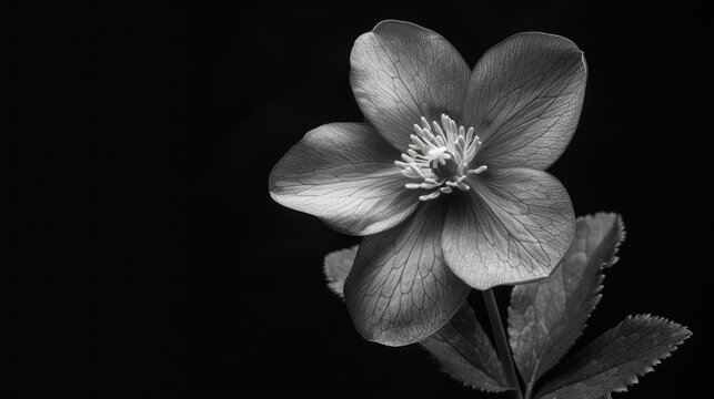  a black and white photo of a flower on a stem with leaves in the foreground and a single flower in the middle of the image on a black background.