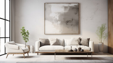 A modern living room with a minimalist decor and a monochromatic color scheme, featuring a white couch and an abstract painting