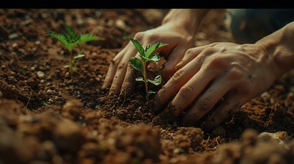 A pair of hands planting a small tree in rich soil, emphasizing the act of growth and care