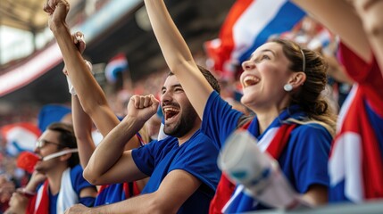 Football fans with flags of France celebrate the victory on the stage. Football concept. Concept of 2024 UEFA European Football Championship - obrazy, fototapety, plakaty