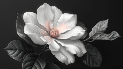  a black and white photo of a white flower with green leaves on a black background with a light pink center in the middle of the center of the flower and the petals.
