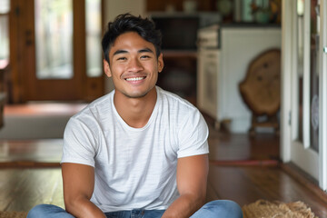 A cheerful man is sitting on the floor, engaged with the viewer and with a big smile on his face. He appears relaxed and comfortable in his casual attire.