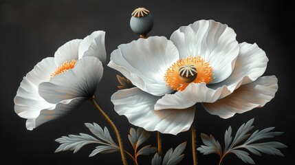  a painting of three white flowers on a black background with a bee on the center of the flower and two smaller white flowers in the middle of the flower, on the top of the.